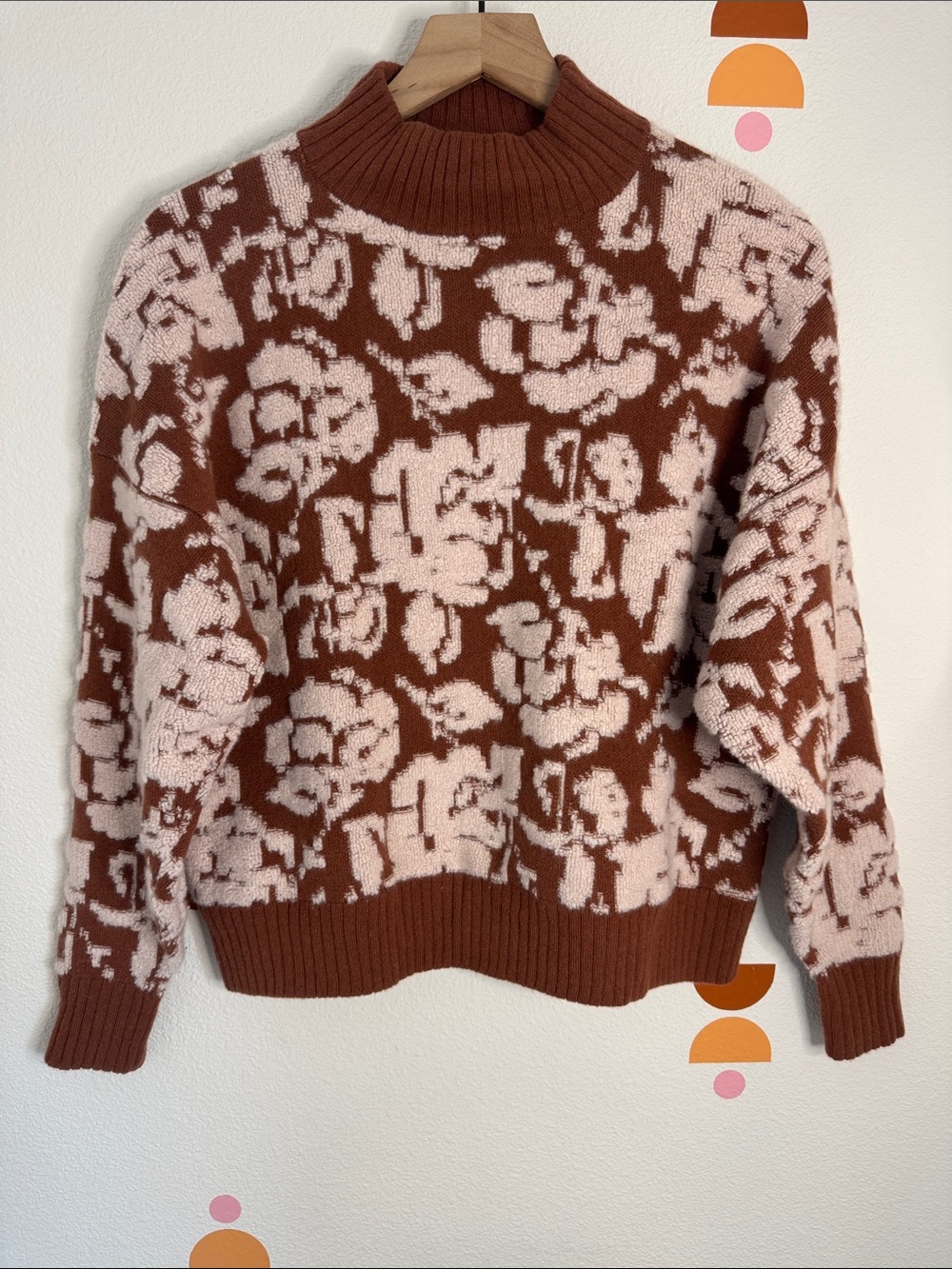 Garnet Hill Rust Brown & Blush Floral Turtleneck Sweater N0309